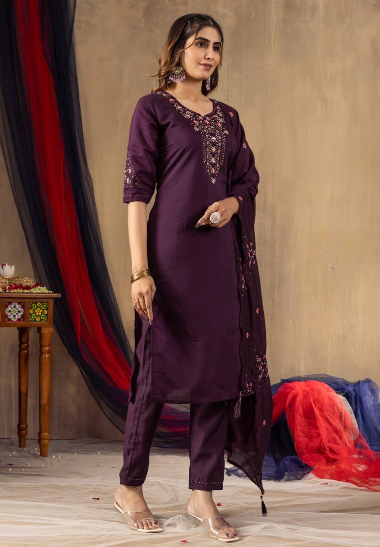 Wine embroidered roman silk kurta set with dupatta