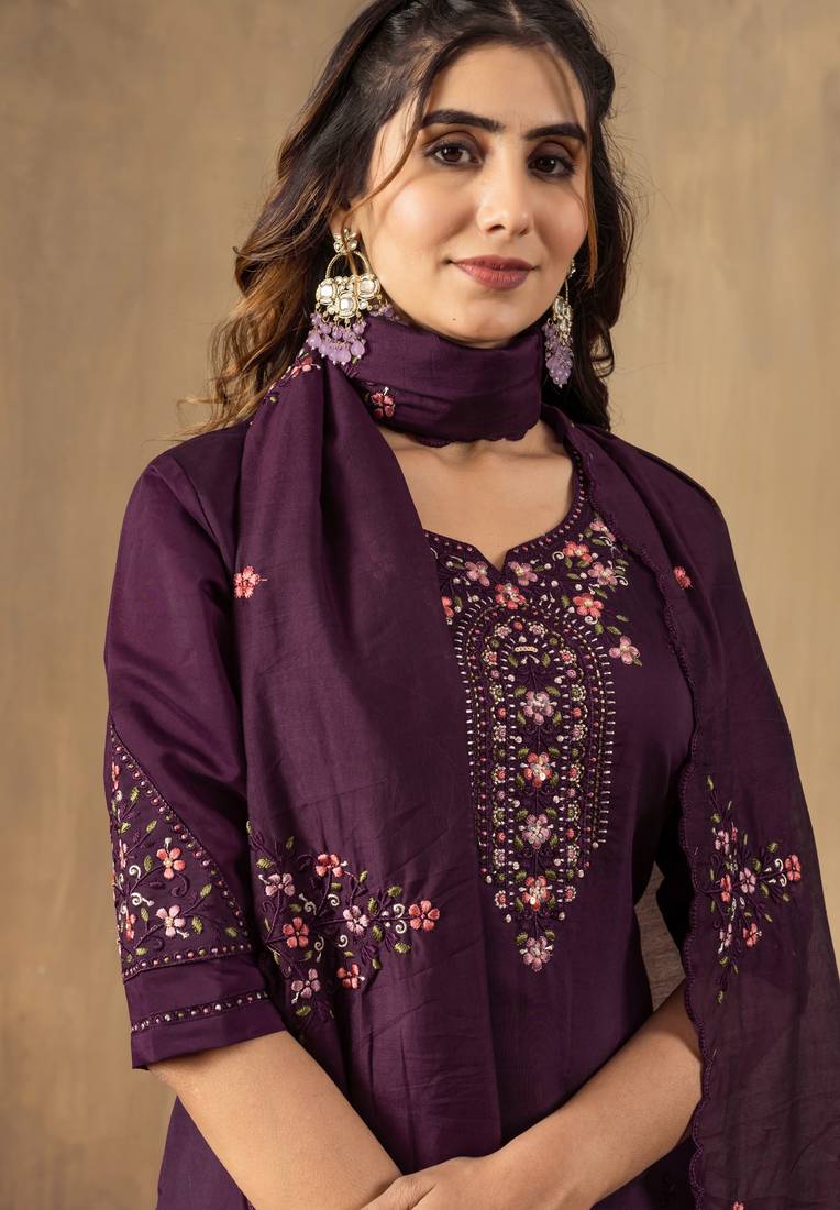 Wine embroidered roman silk kurta set with dupatta