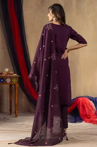 Wine embroidered roman silk kurta set with dupatta
