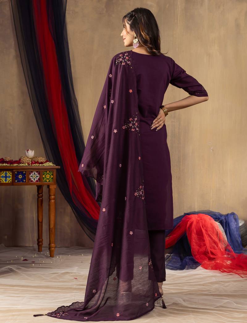 Wine embroidered roman silk kurta set with dupatta