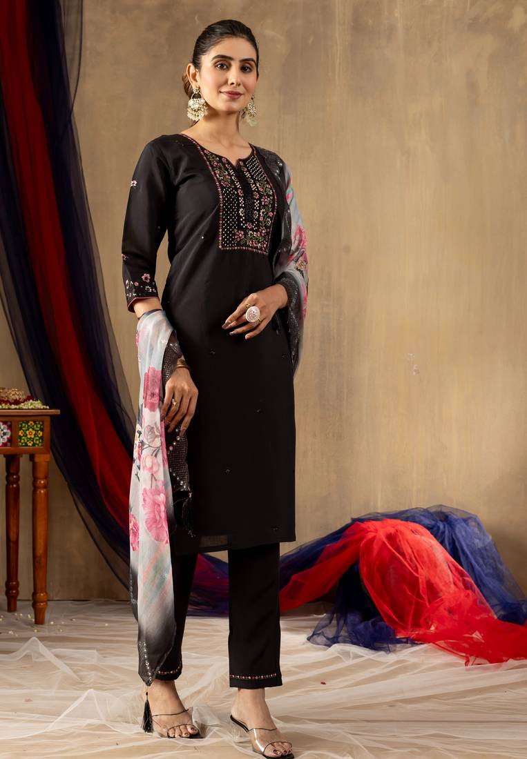 Black embroidered roman silk kurta set with dupatta