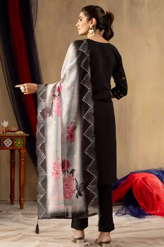 Black embroidered roman silk kurta set with dupatta