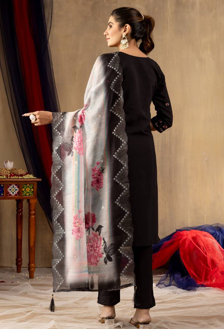 Black embroidered roman silk kurta set with dupatta
