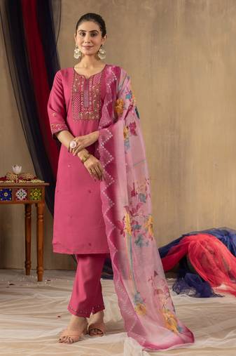 Pink embroidered roman silk kurta set with dupatta