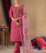 Pink embroidered roman silk kurta set with dupatta