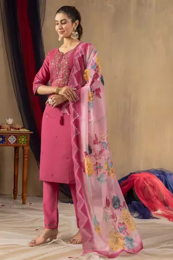 Pink embroidered roman silk kurta set with dupatta