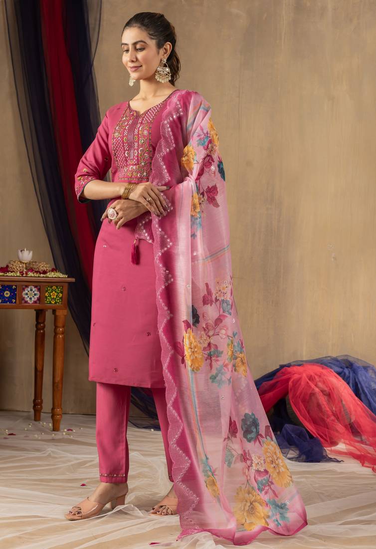 Pink embroidered roman silk kurta set with dupatta