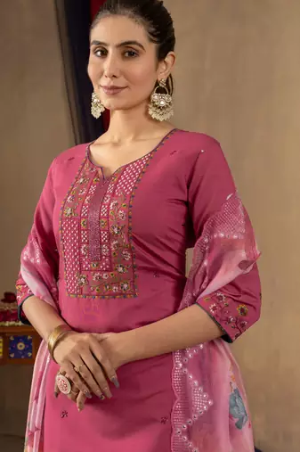 Pink embroidered roman silk kurta set with dupatta