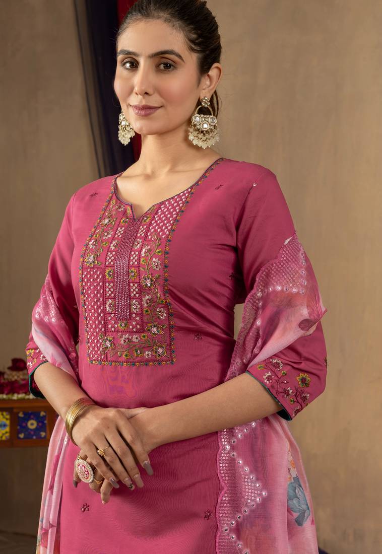 Pink embroidered roman silk kurta set with dupatta