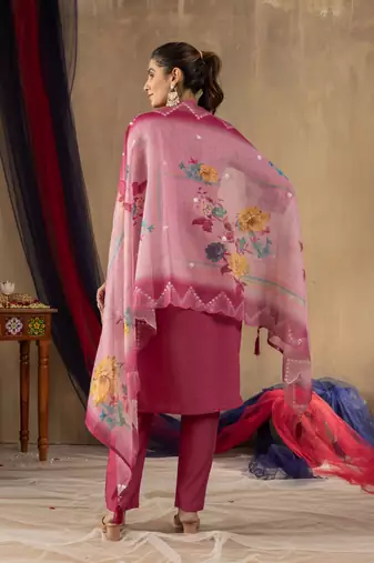 Pink embroidered roman silk kurta set with dupatta
