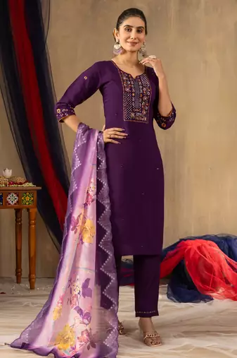 Wine embroidered roman silk kurta set with dupatta