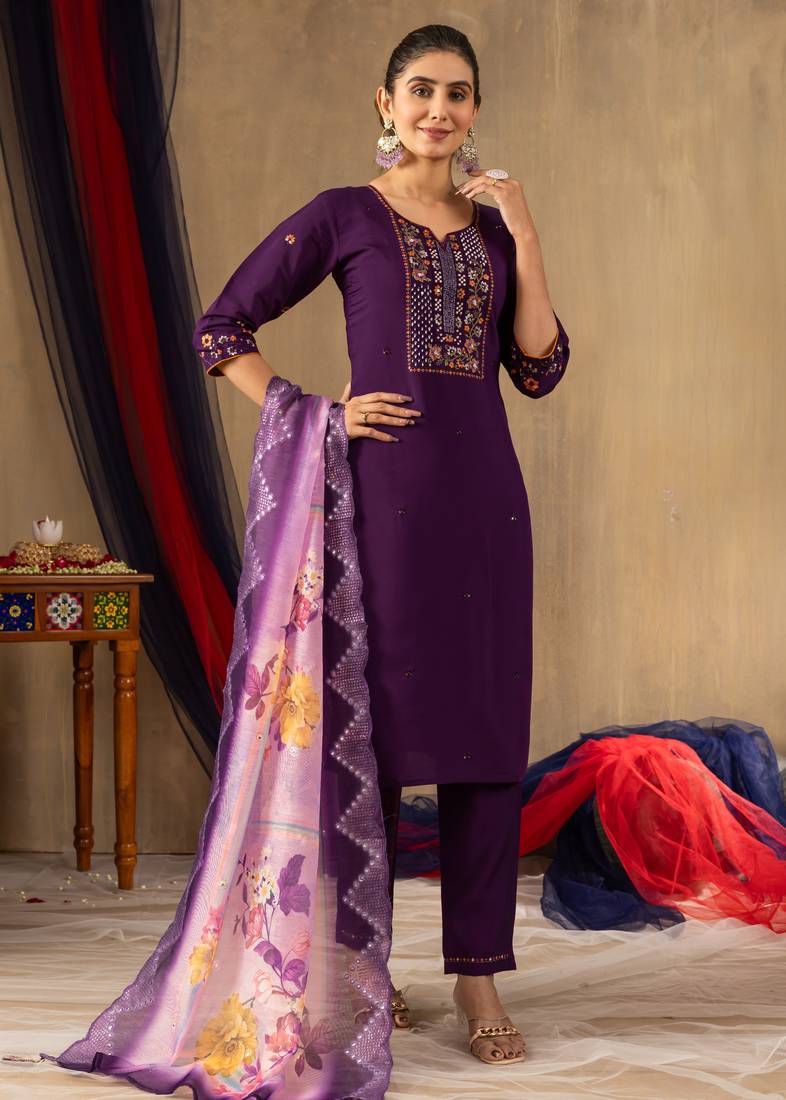 Wine embroidered roman silk kurta set with dupatta