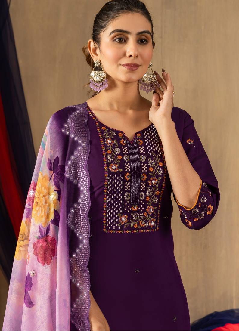 Wine embroidered roman silk kurta set with dupatta