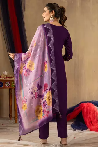 Wine embroidered roman silk kurta set with dupatta