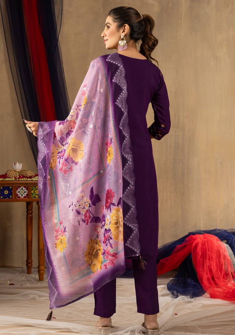 Wine embroidered roman silk kurta set with dupatta