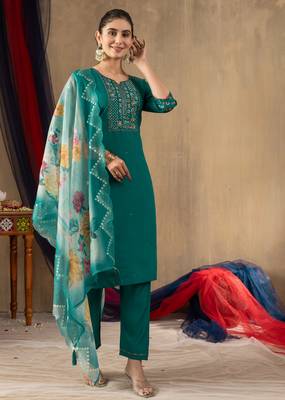 Teal embroidered roman silk kurta set with dupatta 2