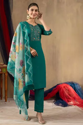 Teal embroidered roman silk kurta set with dupatta
