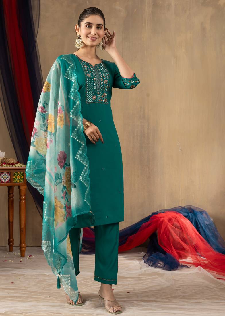 Teal embroidered roman silk kurta set with dupatta