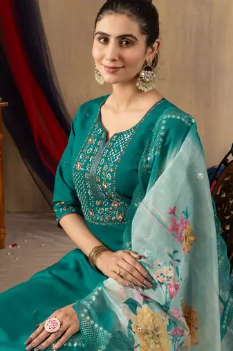 Teal embroidered roman silk kurta set with dupatta
