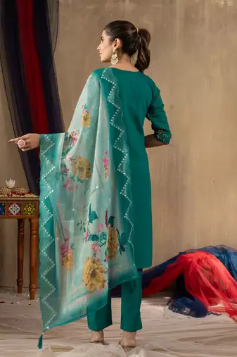 Teal embroidered roman silk kurta set with dupatta