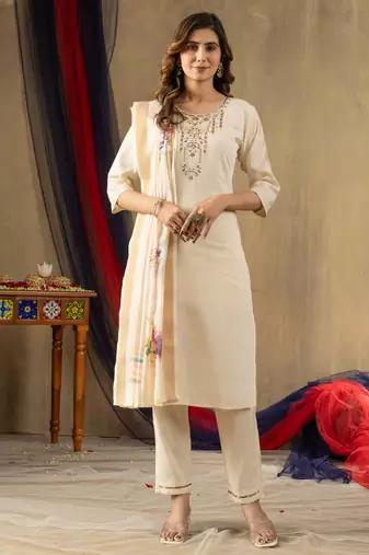 Off white embroidered shimmer gold silk kurta set with dupatta