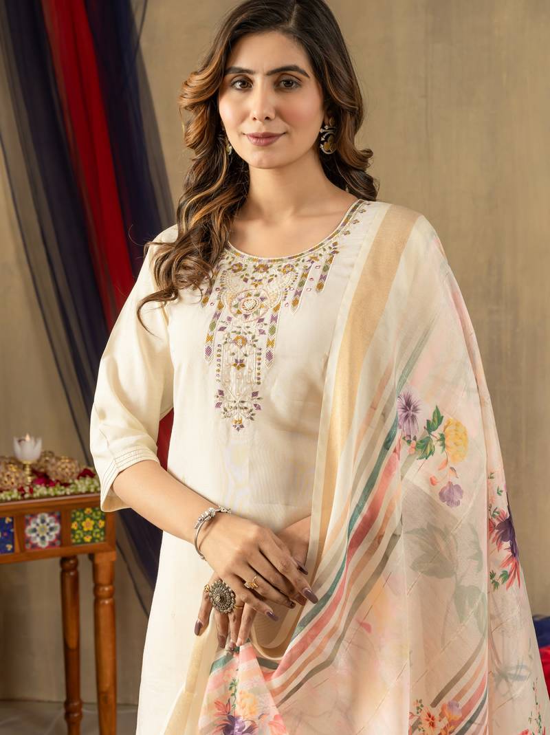 Off white embroidered shimmer gold silk kurta set with dupatta