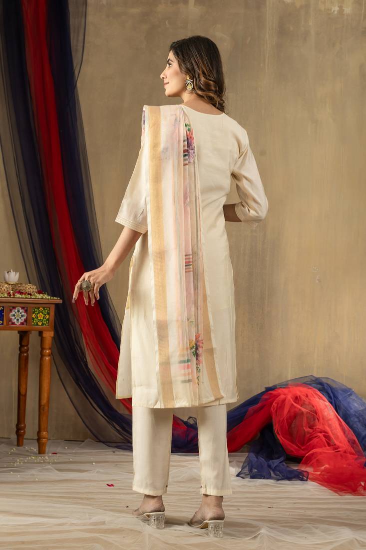 Off white embroidered shimmer gold silk kurta set with dupatta