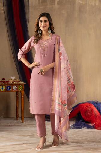 Onion pink embroidered shimmer gold silk kurta set with dupatta