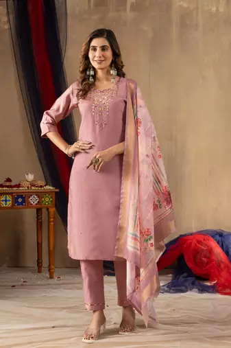 Onion pink embroidered shimmer gold silk kurta set with dupatta