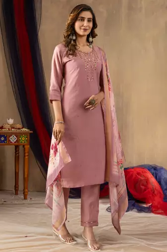 Onion pink embroidered shimmer gold silk kurta set with dupatta