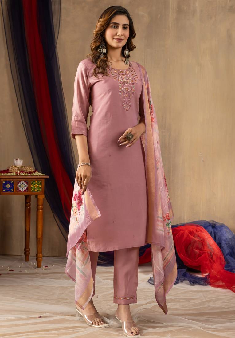 Onion pink embroidered shimmer gold silk kurta set with dupatta