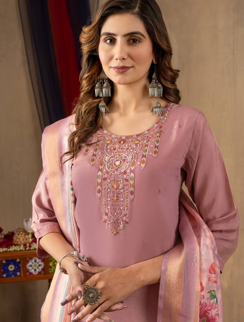 Onion pink embroidered shimmer gold silk kurta set with dupatta
