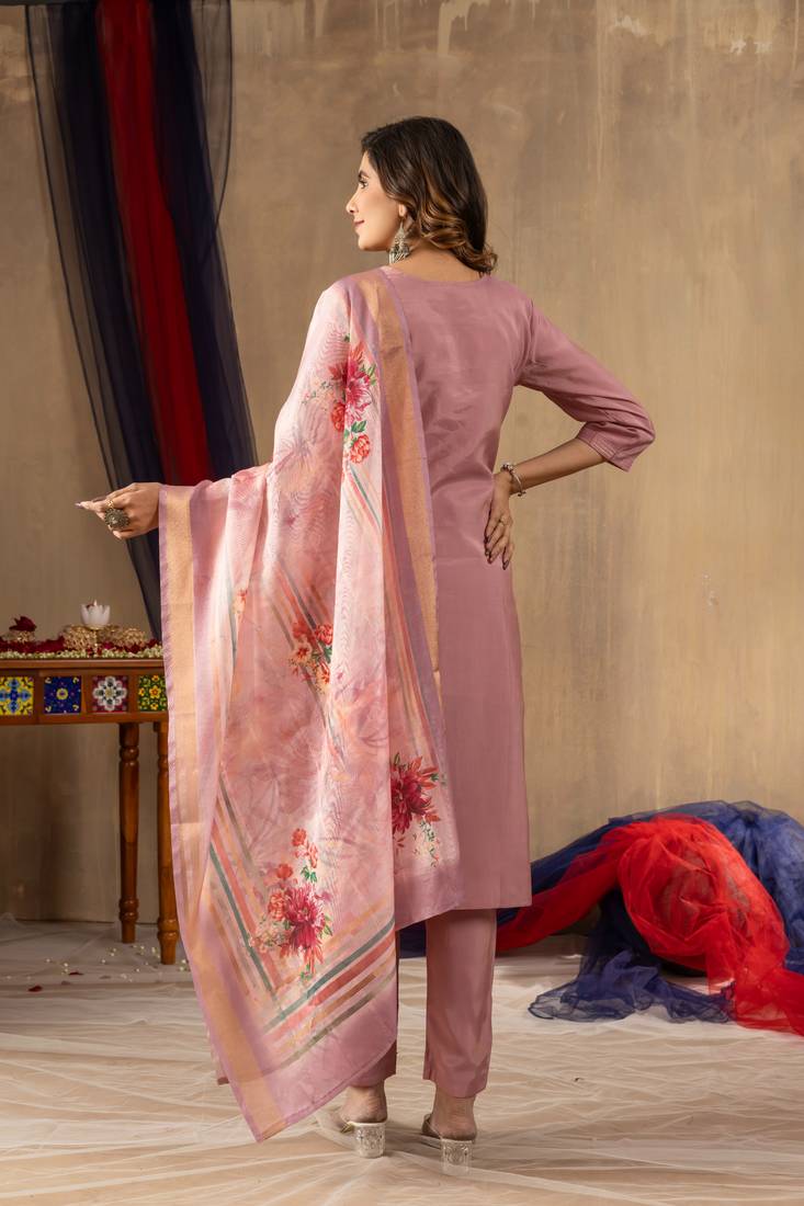 Onion pink embroidered shimmer gold silk kurta set with dupatta