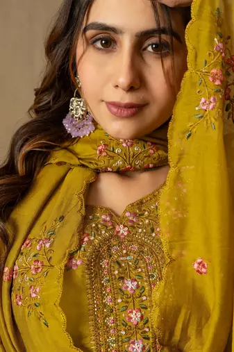 Mustard embroidered roman silk kurta set with dupatta