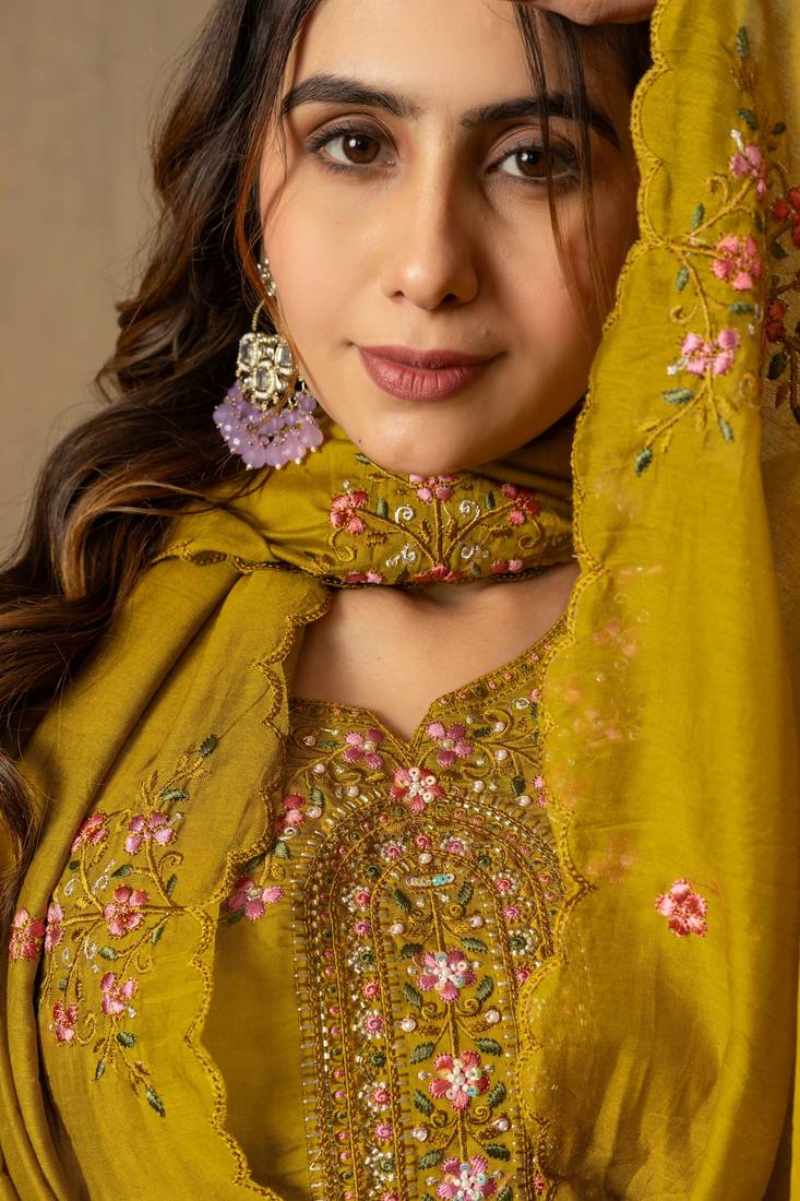 Mustard embroidered roman silk kurta set with dupatta