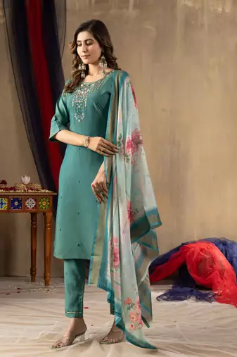 Rama embroidered shimmer gold silk kurta set with dupatta