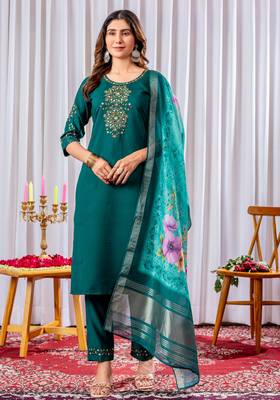 Teal embroidered viscose silk kurta set with dupatta 1