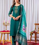 Teal embroidered viscose silk kurta set with dupatta