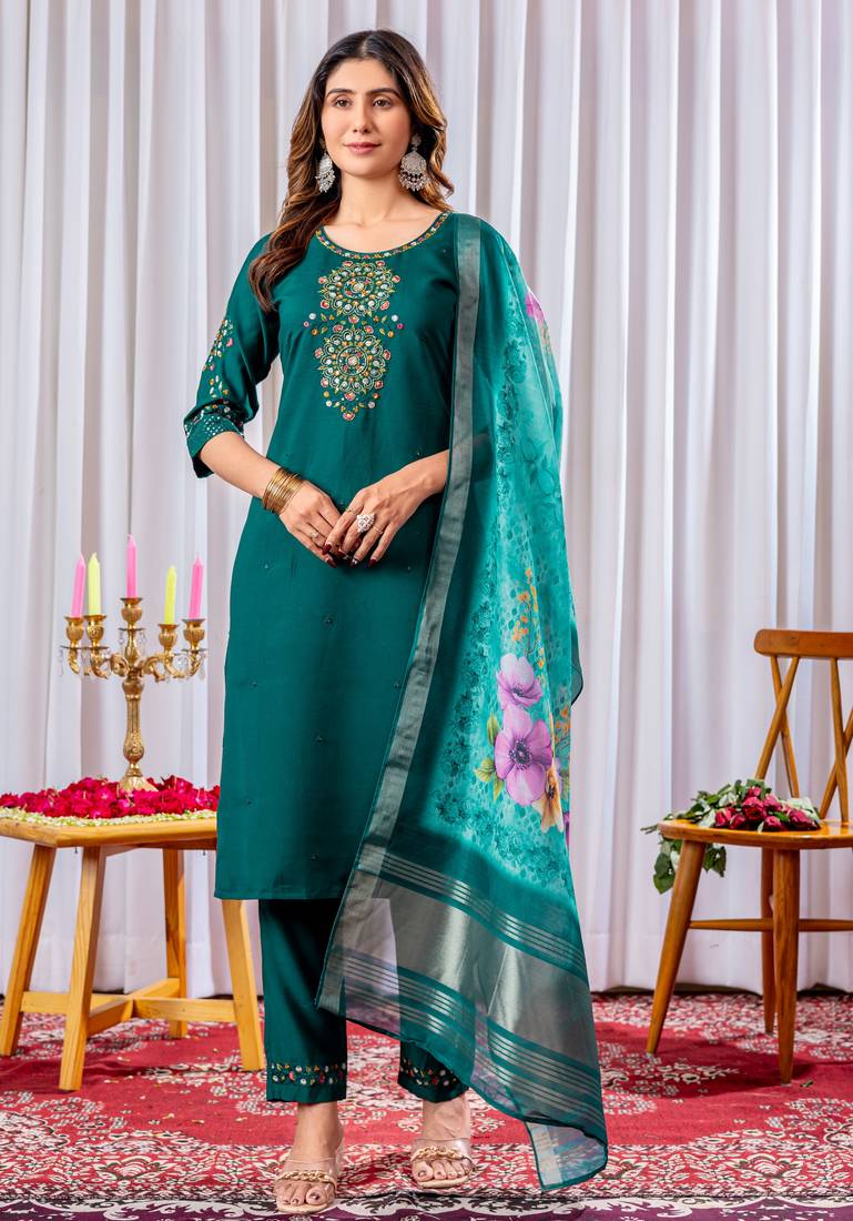 Teal embroidered viscose silk kurta set with dupatta