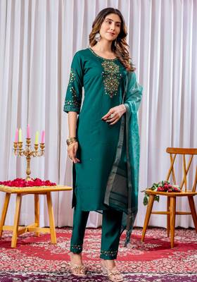 Teal embroidered viscose silk kurta set with dupatta 2