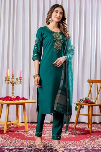 Teal embroidered viscose silk kurta set with dupatta