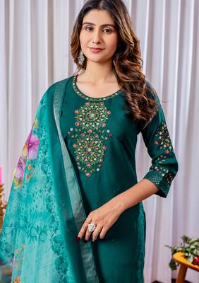 Teal embroidered viscose silk kurta set with dupatta 3