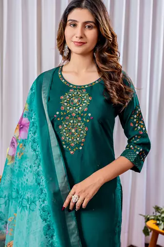 Teal embroidered viscose silk kurta set with dupatta