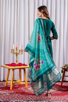Teal embroidered viscose silk kurta set with dupatta 4