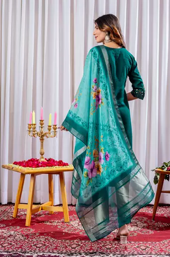 Teal embroidered viscose silk kurta set with dupatta