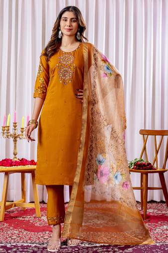 Mustard embroidered viscose silk kurta set with dupatta