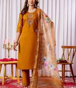 Mustard embroidered viscose silk kurta set with dupatta