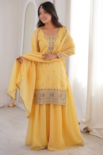 Yellow color thread zari sequince embroidered work crunchy silk anarkali set