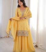 Yellow color thread zari sequince embroidered work crunchy silk anarkali set