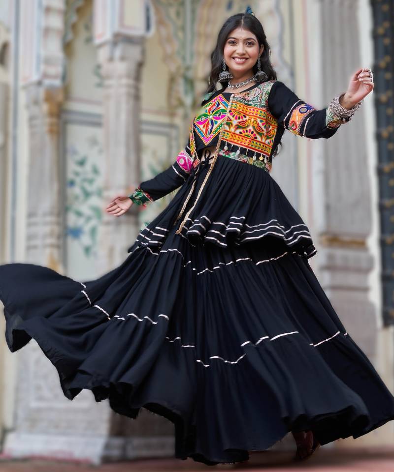 black cotton navratri lehenga choli with gamthi work